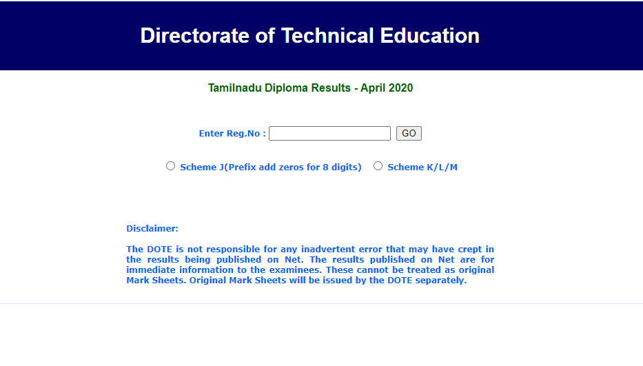 tndte.gov.in DOTE Tamilnadu Diploma Result April 2020