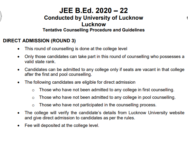 UP B.Ed Counselling Date 2020