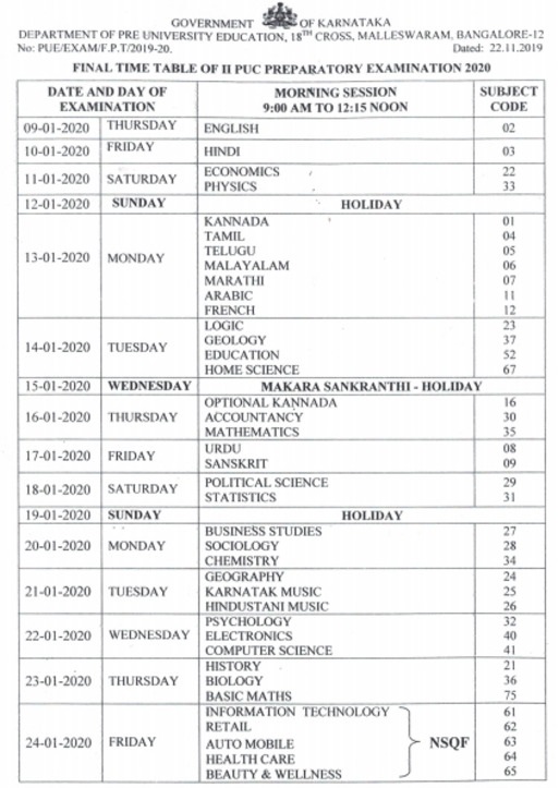 Karnataka 2nd PUC Time Table 2021