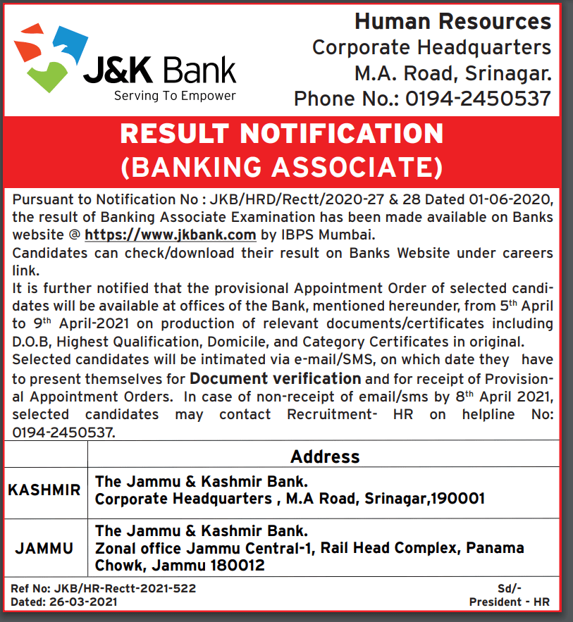 JK Banking Associate Result 2021