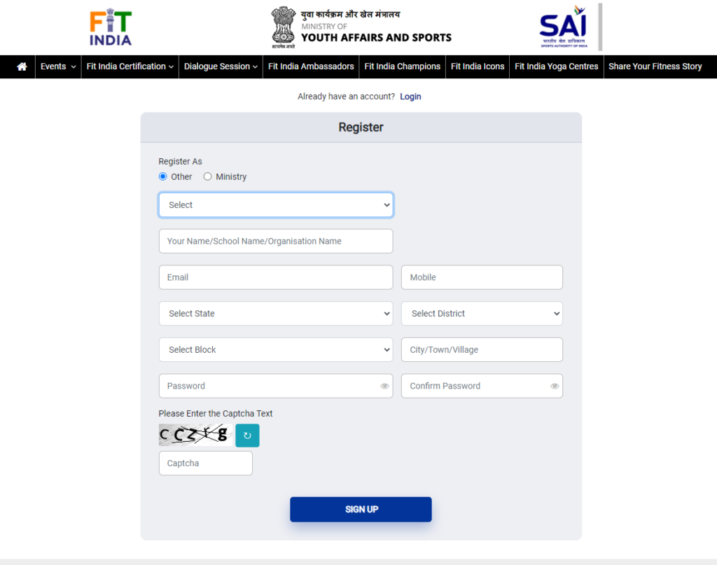 SAI Fit India Online Registration website