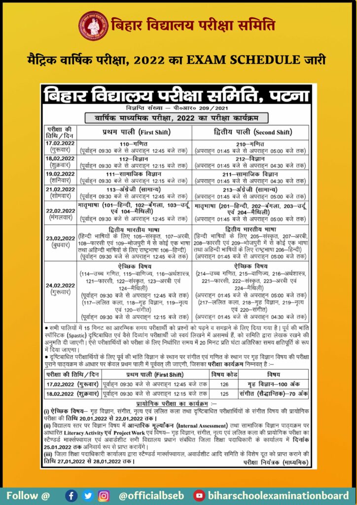 BSEB 10th Time Table 2022